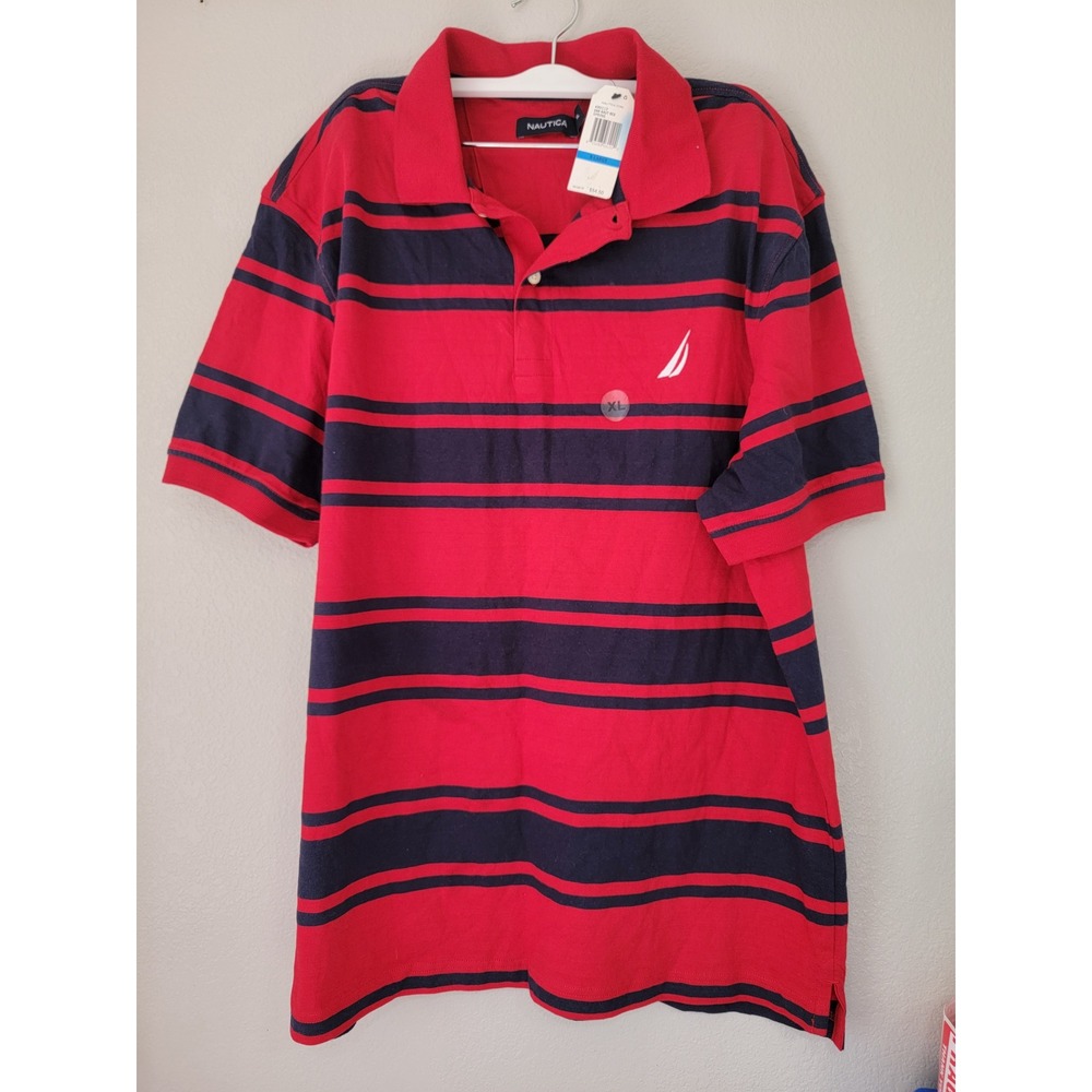 Nautica Mens XL Red Navy Blue Striped Short Sleeve Polo Shirt KR0113 NWT